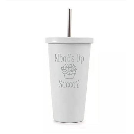 

16 oz Stainless Steel Double Wall Insulated Tumbler Pool Beach Cup Travel Mug With Straw What s Up Succa Funny Cactus Succulent (White)