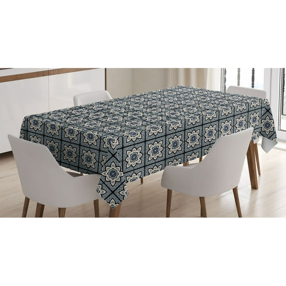 Moroccan Tablecloth, Floral Inspired Oriental Damask Illustration, Rectangle Satin Table Cover Accent for Dining Room and Kitchen, 60" X 90", Eggshell Night Blue, by Ambesonne