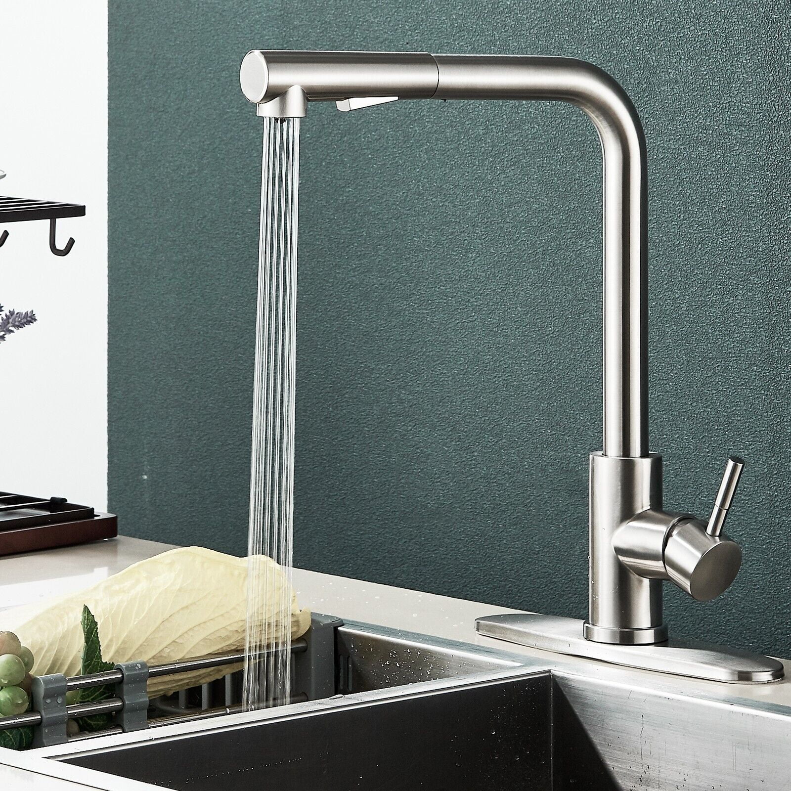 Brushed Nickel Kitchen Faucet Pull Down Sink Mixer Taps Single Handle with Cover