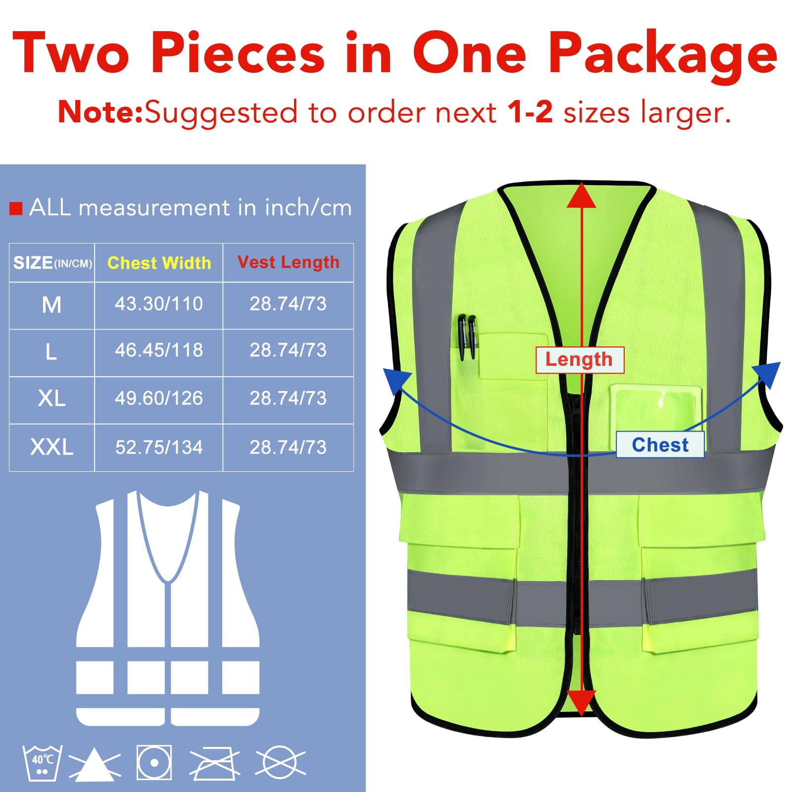 NAISHIER 5 Pockets Class 2 High Visibility Zipper Front Safety Vest With Reflective Strips, Meets ANSI/ISEA Standard, Large, 4Pack