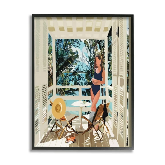 Stupell Industries Woman Coastal Beach Canopy Summer Ocean Scene Graphic Art Black Framed Art Print Wall Art, Design by Amelia Noyes
