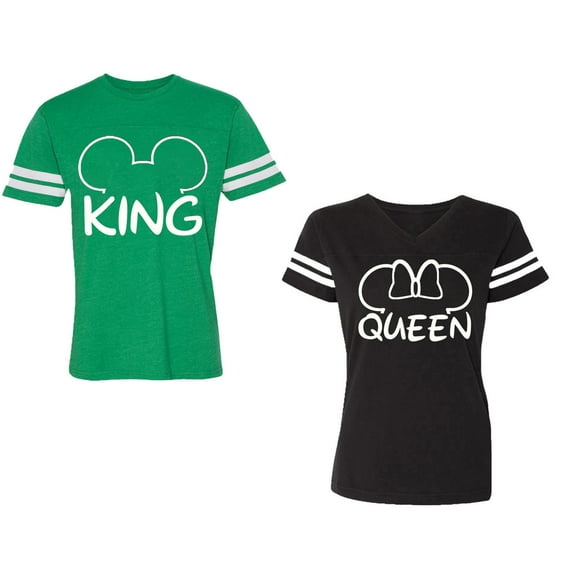 King Queen Ear Unisex Couple Matching Cotton Jersey style T-Shirt Contrasting stripes on sleeves (Men Green / Women Black) (Men S / Women S)