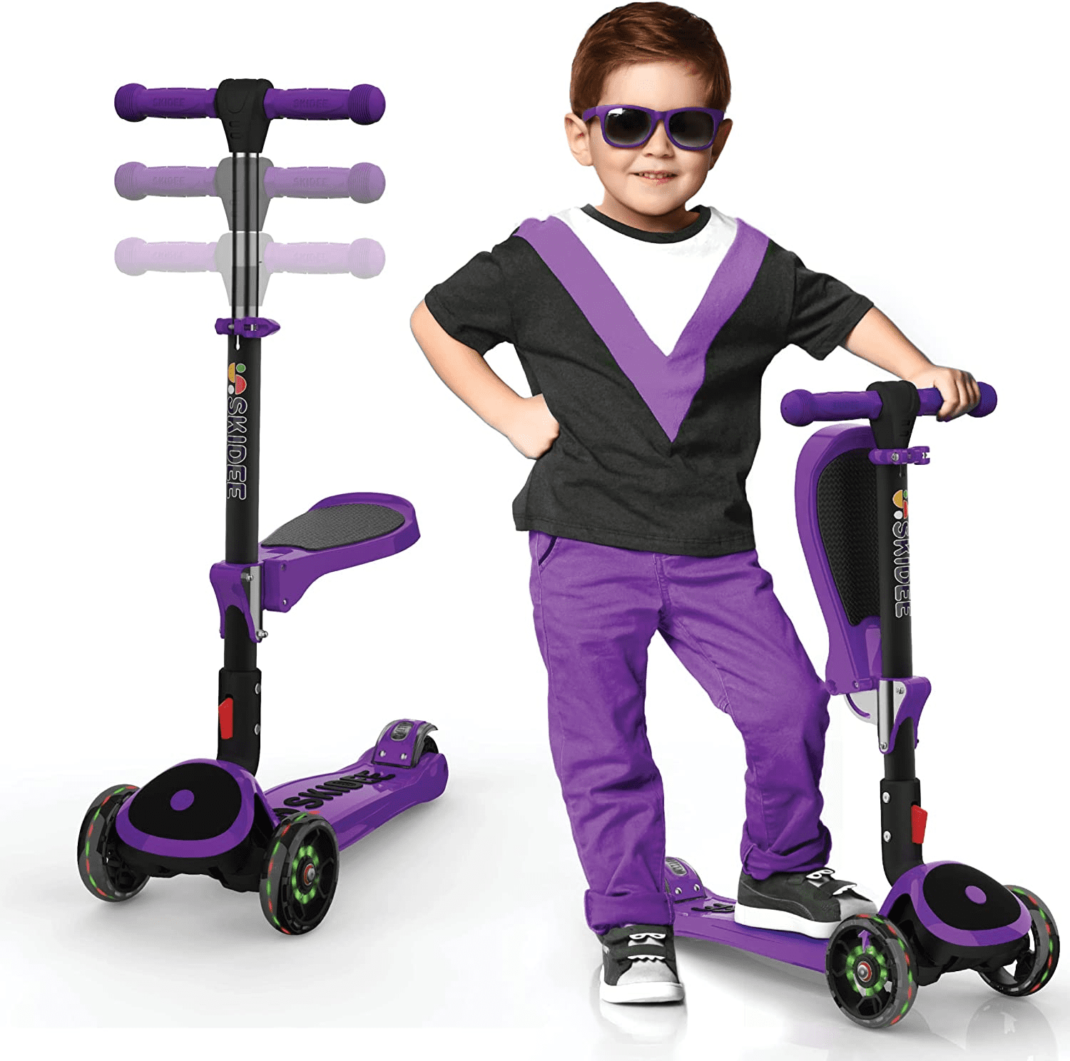Skidee Kick Scooters for Kids, Adjustable Height, Foldable, LED Lights