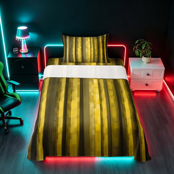 Manfei Pixel Vertical Streak Twin Sheets, Yellow Block Bedding, Yellow Black, Black Reversible 3pcs1 Flat Sheet + 1 Fitted Sheet + 1 Pillowcase