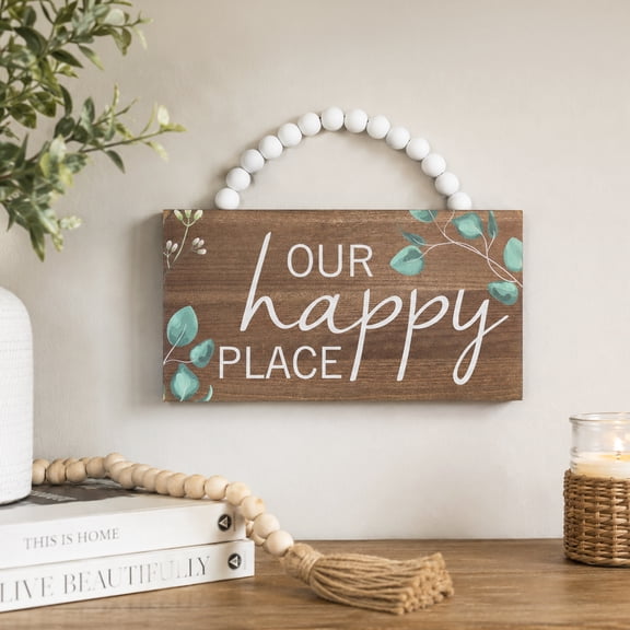Northlight Beaded Our Happy Place Floral Hanging Wall Sign - 6.75" x 7.75" - Brown and White