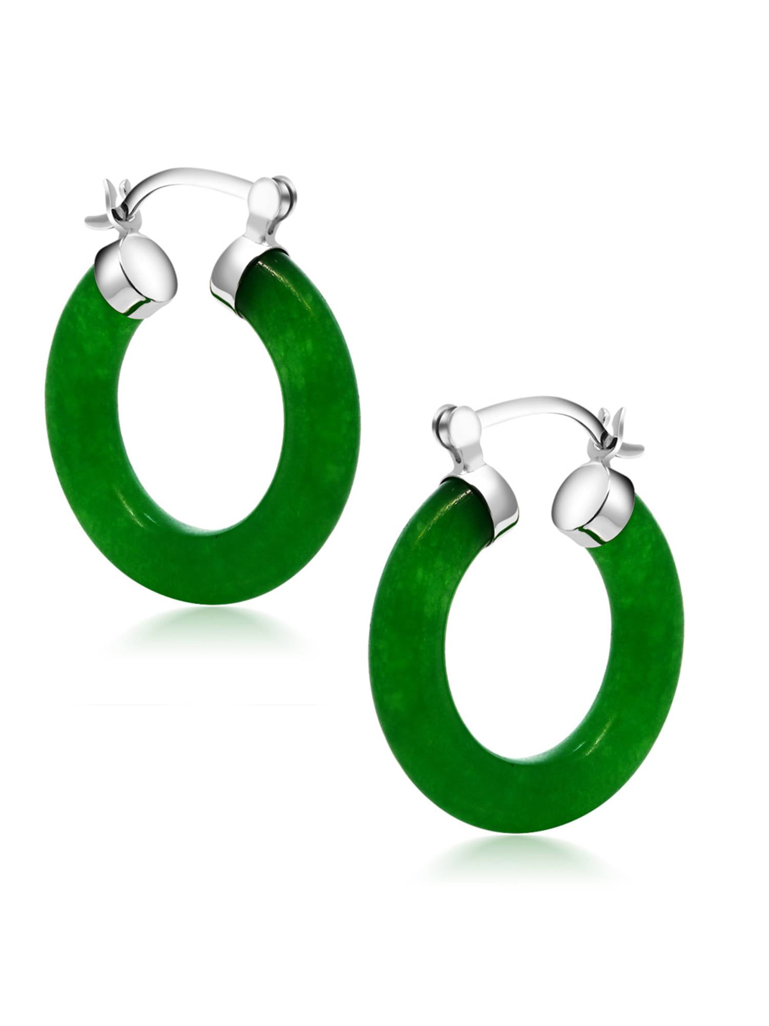 Gem Stone King Green Jade Hoop Earrings | 925 Sterling Silver | 1/2 inch Diameter | Classic Hoop Earrings With Hinge and Notched Post