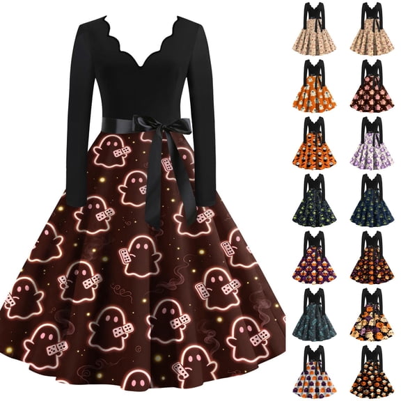 Halloween Dresses for Women Ghost Printed V-Neck Cute Tea Length Dress Witch Hat Cocktail Long Sleeve Retro Dresses with Belt S