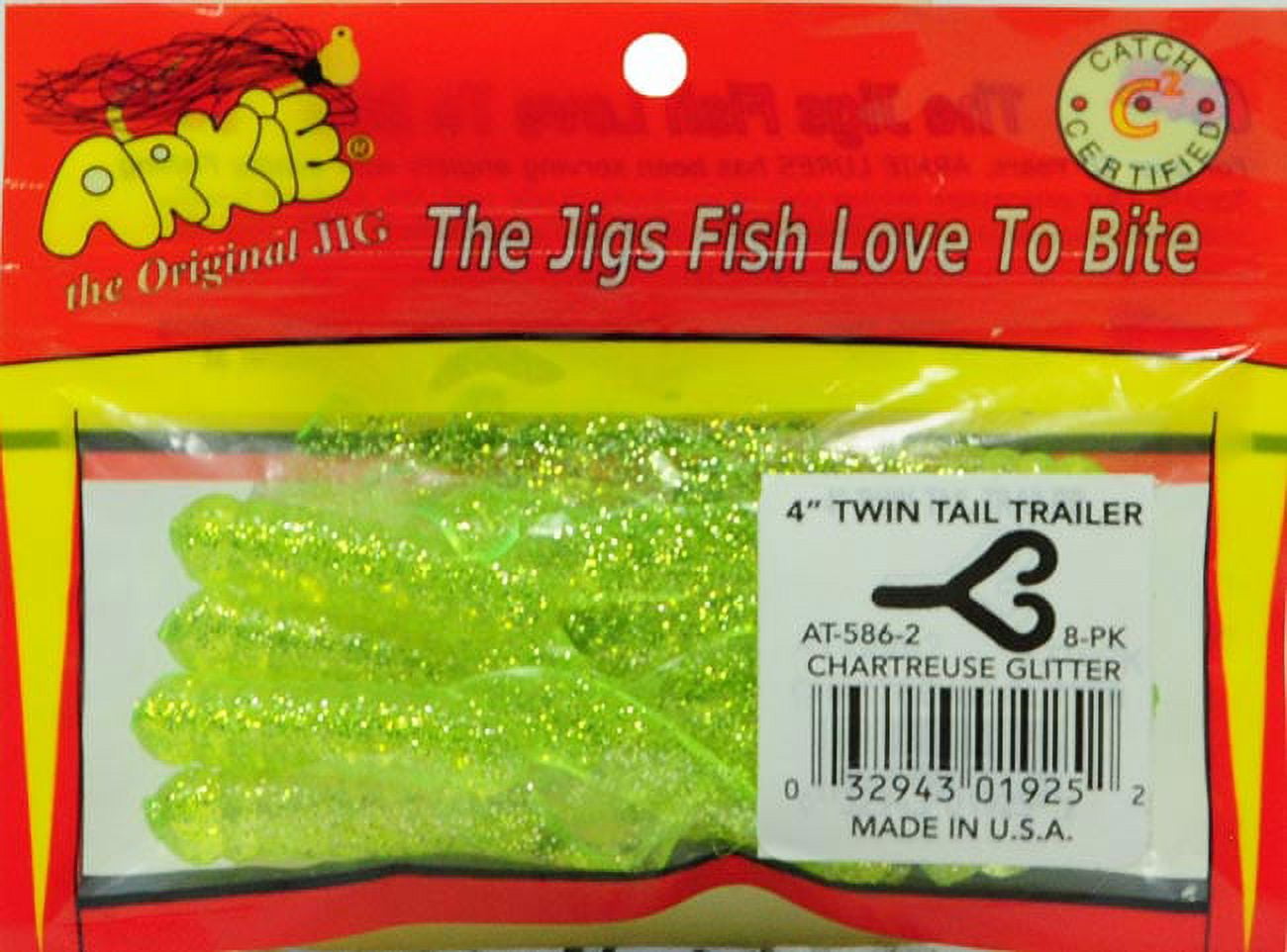 Arkie Lures 4 inch Twin Tail Grubs Soft Plastic Lure, Color Chartreuse Glitter