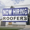 thumbnail image 2 of Now Hiring Roofers 13 oz Heavy Duty Vinyl Banner Roofing Jobs Available Help Wanted Sign for Business Advertising Indoor/Outdoor Single-Sided with Metal Grommets (1.5x5 ft, Wh & Bl & Bk), 2 of 6