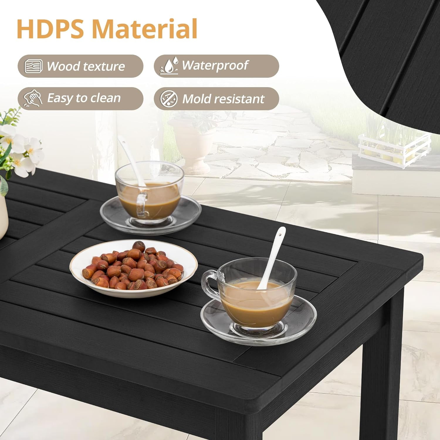 LUE BONA Outdoor Coffee Table Rectangle, HDPS Patio Table for Outside, 17.7"x 35"x 17.7", Black