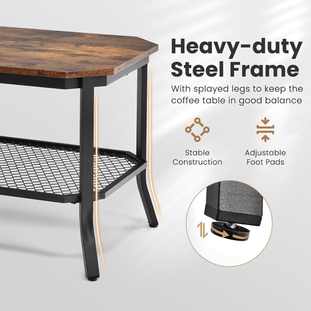 Finihen Rectangular Coffee Table, 2-Tier Cocktail Table, 2-Tier Industrial Coffee Table with Open Mesh Storage Shelf, for Living Room, Reception Room, Rustic Brown Finihen Rectangular Coffee Table, 2-Tier Cocktail Table, 2-Tier Industrial Coffee Table with Open Mesh Storage Shelf, for Living Room, Reception Room, Rustic Brown