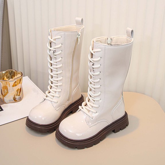 Girls Lace Up Mid Calf Combat Boots Fashion Round Toe Side Zipper Lug Sole Punk Goth Boot For Toddler Little Kid Big Kid