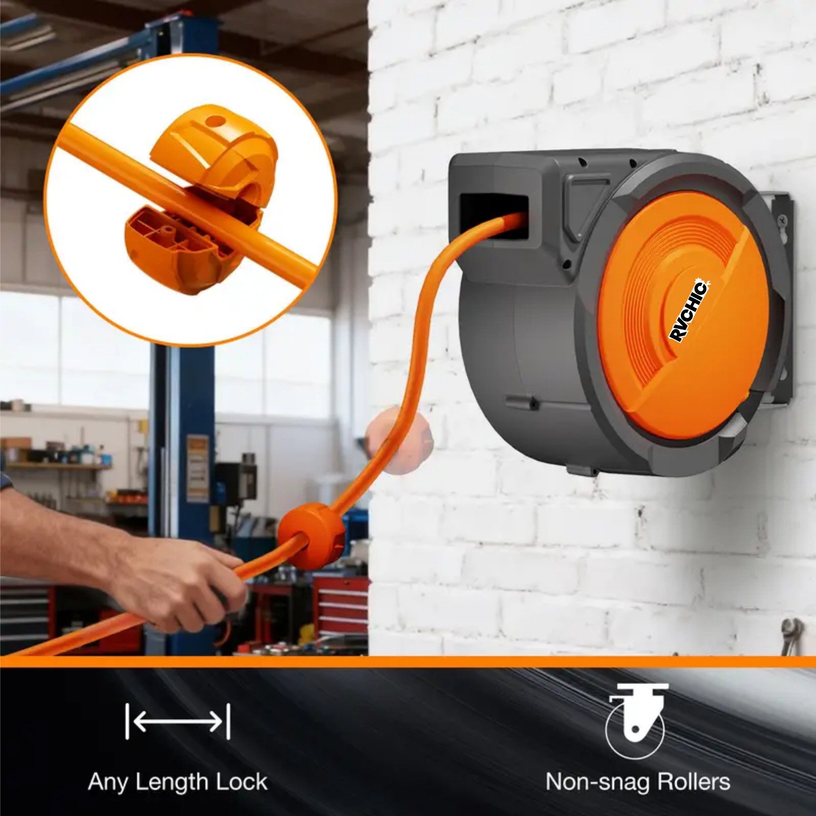 Rvchic 5/16"x40 ft Retractable Air Hose Reel with 180°Swivel & Lock,300 PSI Pneumatic Hose Reel with 6.5ft Lead-in,Any Length Lock,for Automotive Maintenance,Orange