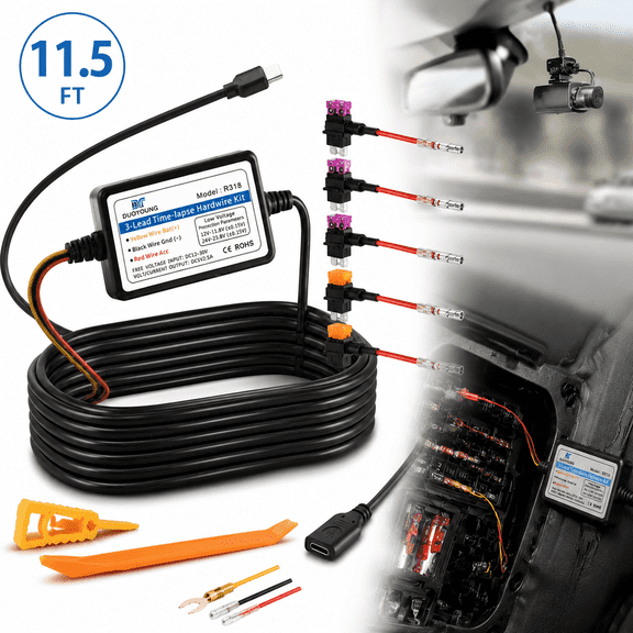 Dash Cam Hardwire Kit Converts 12V 24V to 5V Type C USB Hardwire Kit for Dash Camera with Add a Circuit Fuses, 24h Parking Monitor and Low Voltage Protection (11.5FT)