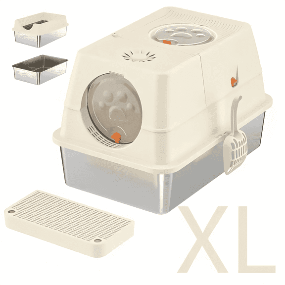 PetWhole Extra Large Stainless Steel Enclosed Cat Litter Box with Litter Scooper, Beige