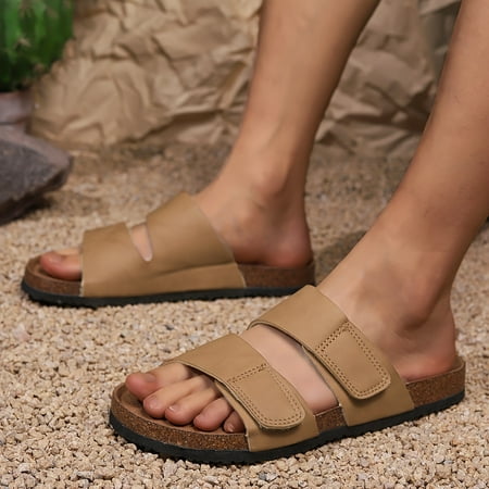 

Mens Comfy Square Toe Slippers - Breathable Non-Slip Durable EVA Sole Hook and Loop Fastener Soft Fabric Insole Synthetic Leather Upper Perfect for Daily Casual Outdoor Activities in Spring