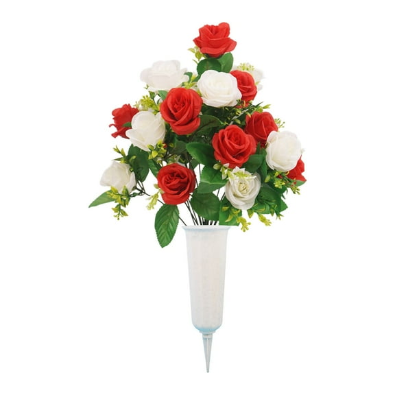 Tyeign Cemetery Memorial Rose Bouquet with Vase, Sympathy Foam Flowers for Grave Stone, Weatherproof Cemetery Pot, Condolence Gift, Never Wilt, 1 Bouquet of Flowers, Set with Pot