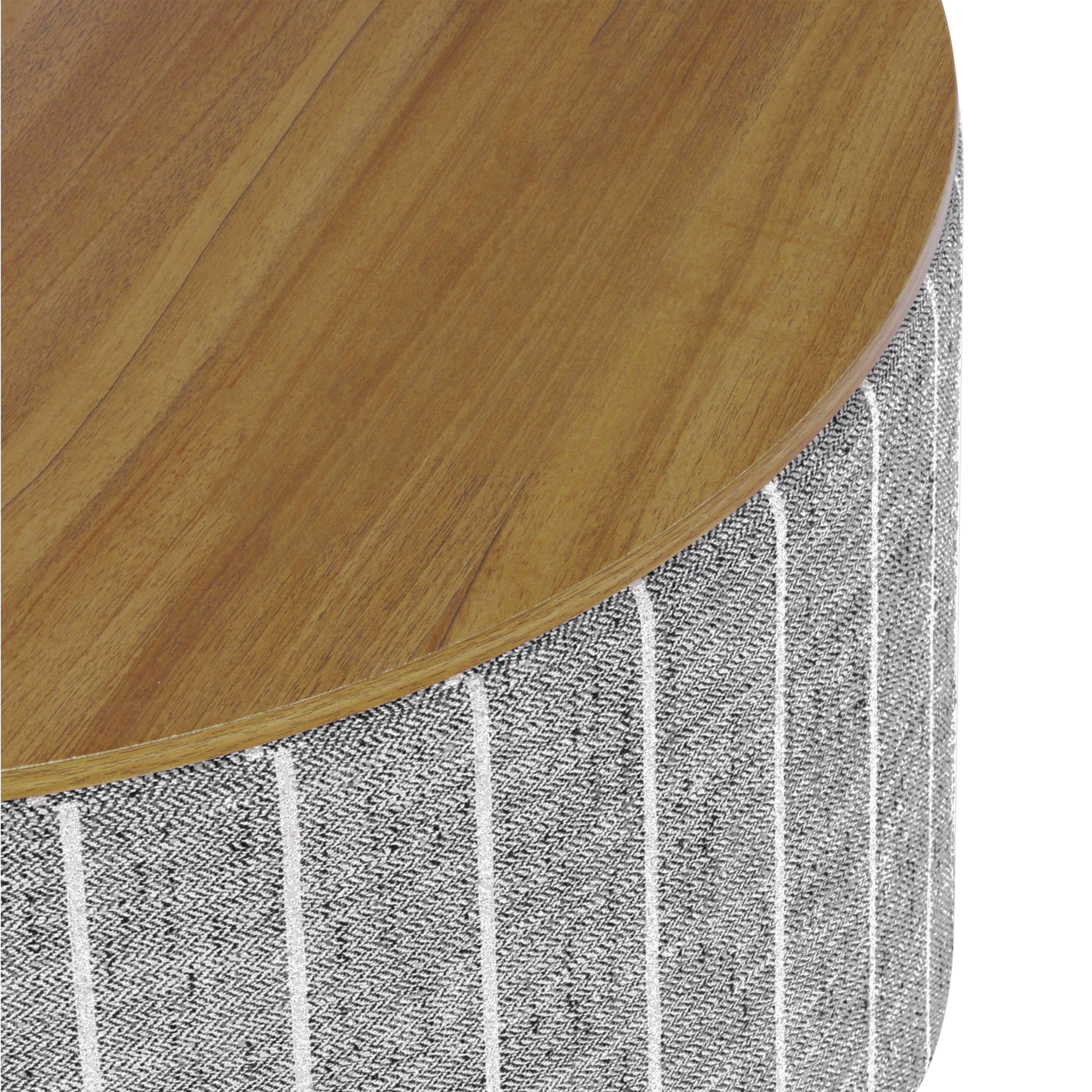 HomePop Large Modern Round Storage Ottoman with Wood Lift-Top Lid, Gray Pinstripe/Honey Oak