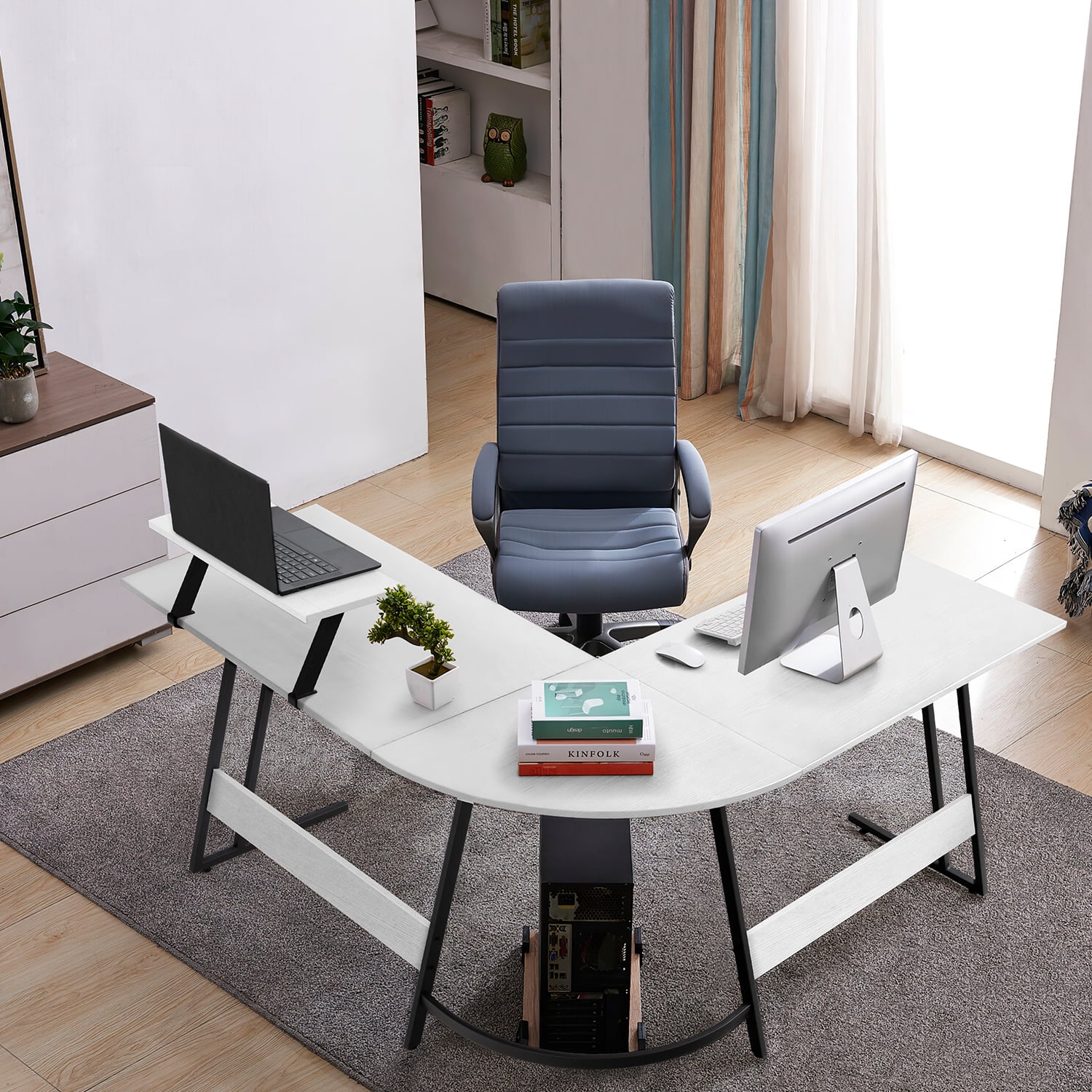 Vineego Modern L-Shaped Computer Desk with Monitor Stand, White