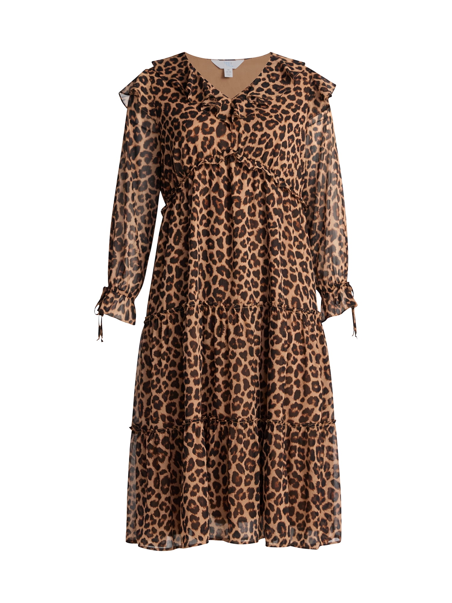 Time and Tru Women's and Women's Plus Ruffle Tiered Midi Dress with Long Sleeves, Sizes XS-4X