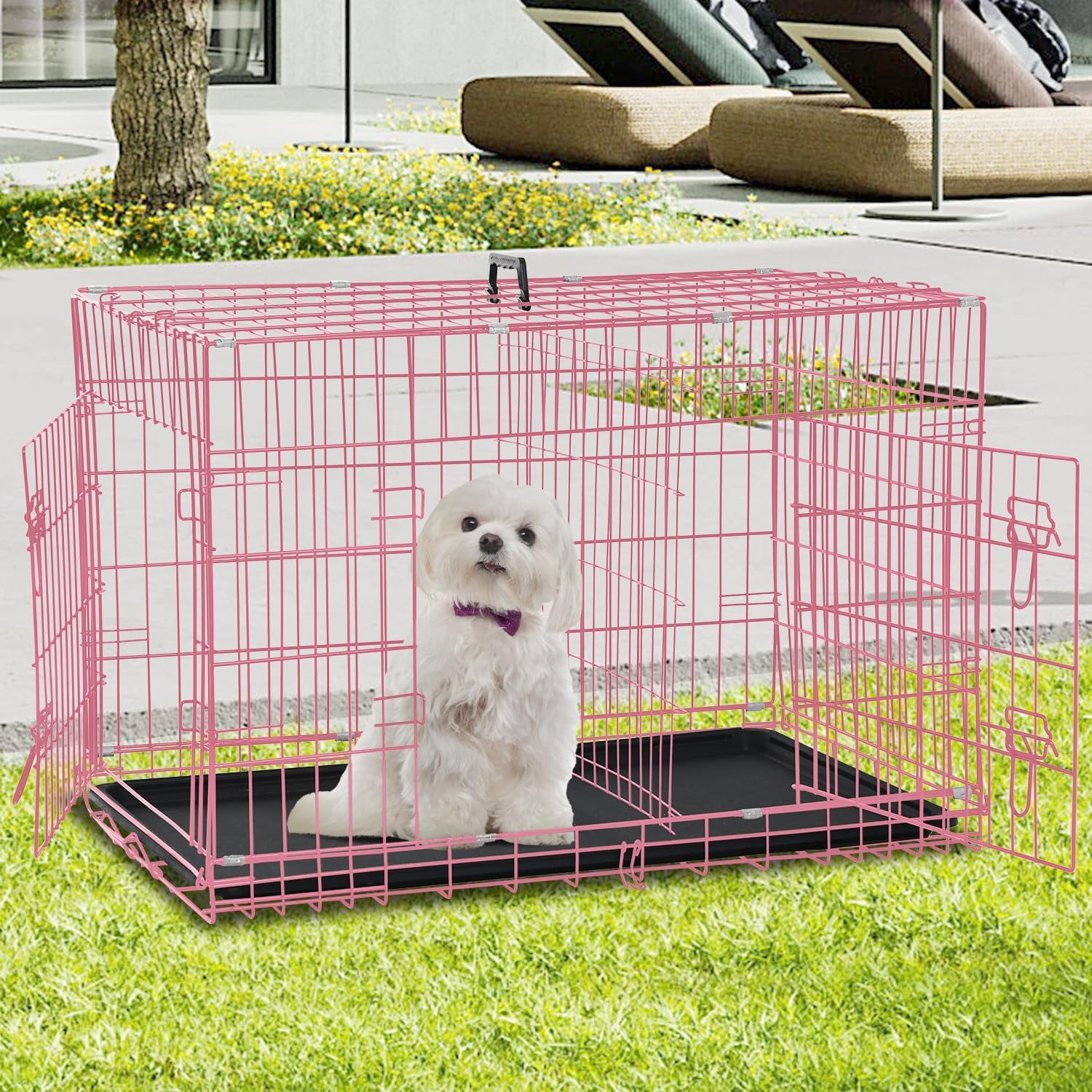24 inch Dog Crate for Small Dogs Folding Portable Metal Dog Cage Kennel Double Door Pet Crate with Divider and Tray, Pink