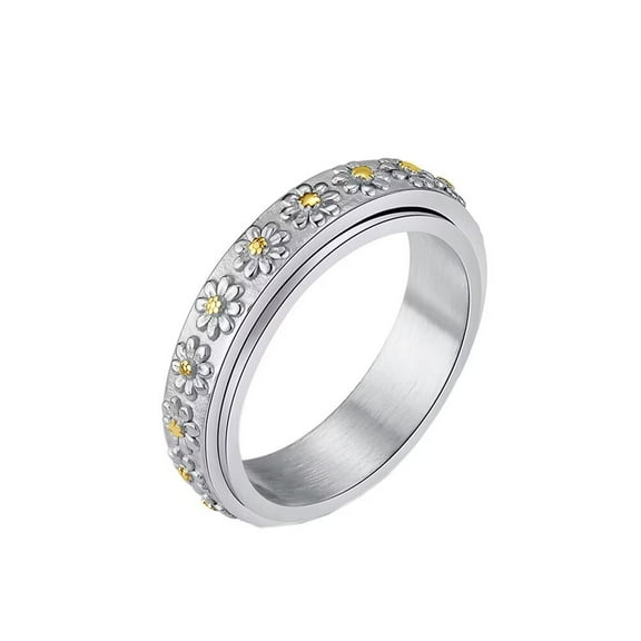 HIJONES Women's Stainless Steel Simple Cute Daisy Rotatable Ring Anxiety Relieves Strees Ring 6MM Silver Size 8