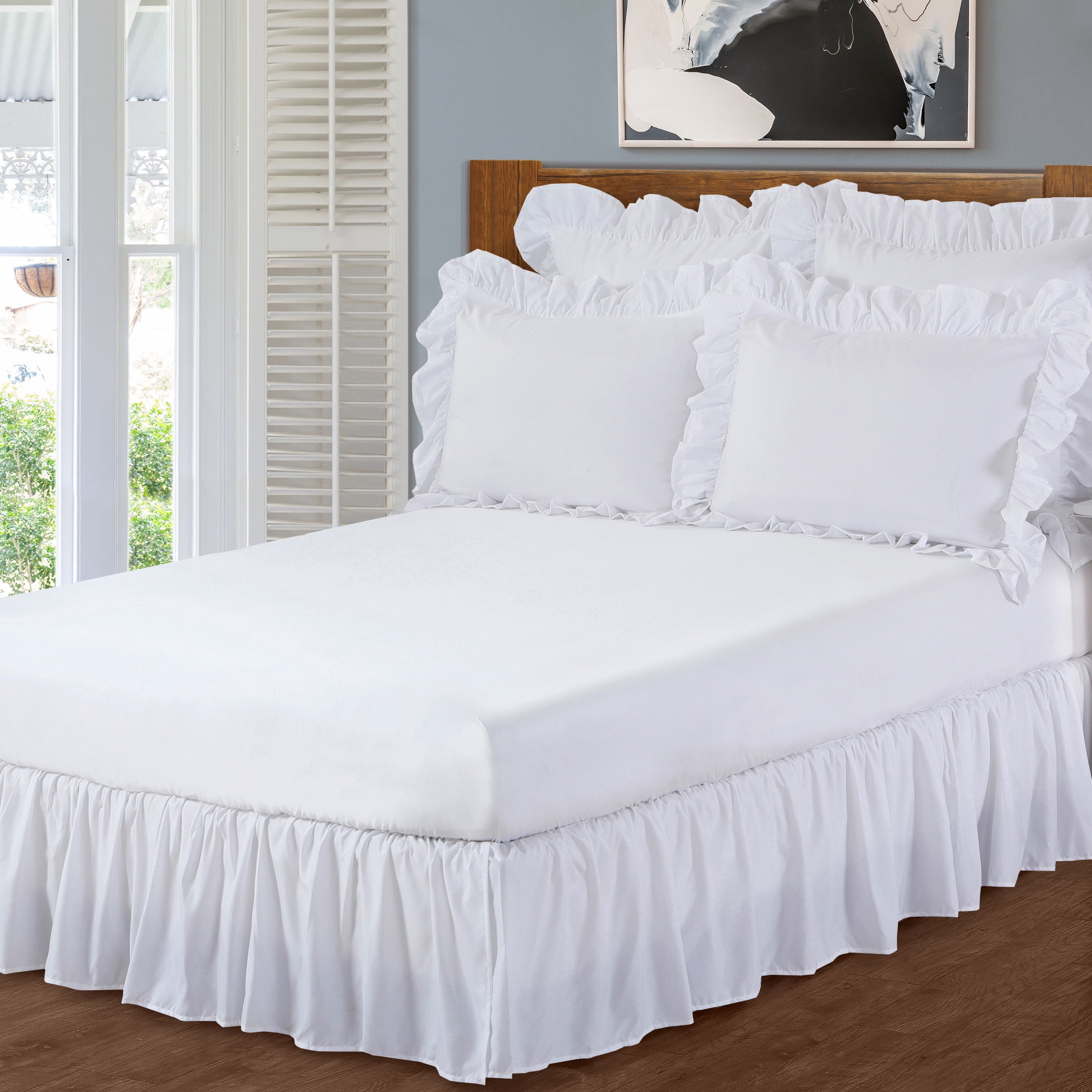 WonderSkirt Wraparound Ruffled 15" Microfiber Bedskirt, White, Queen