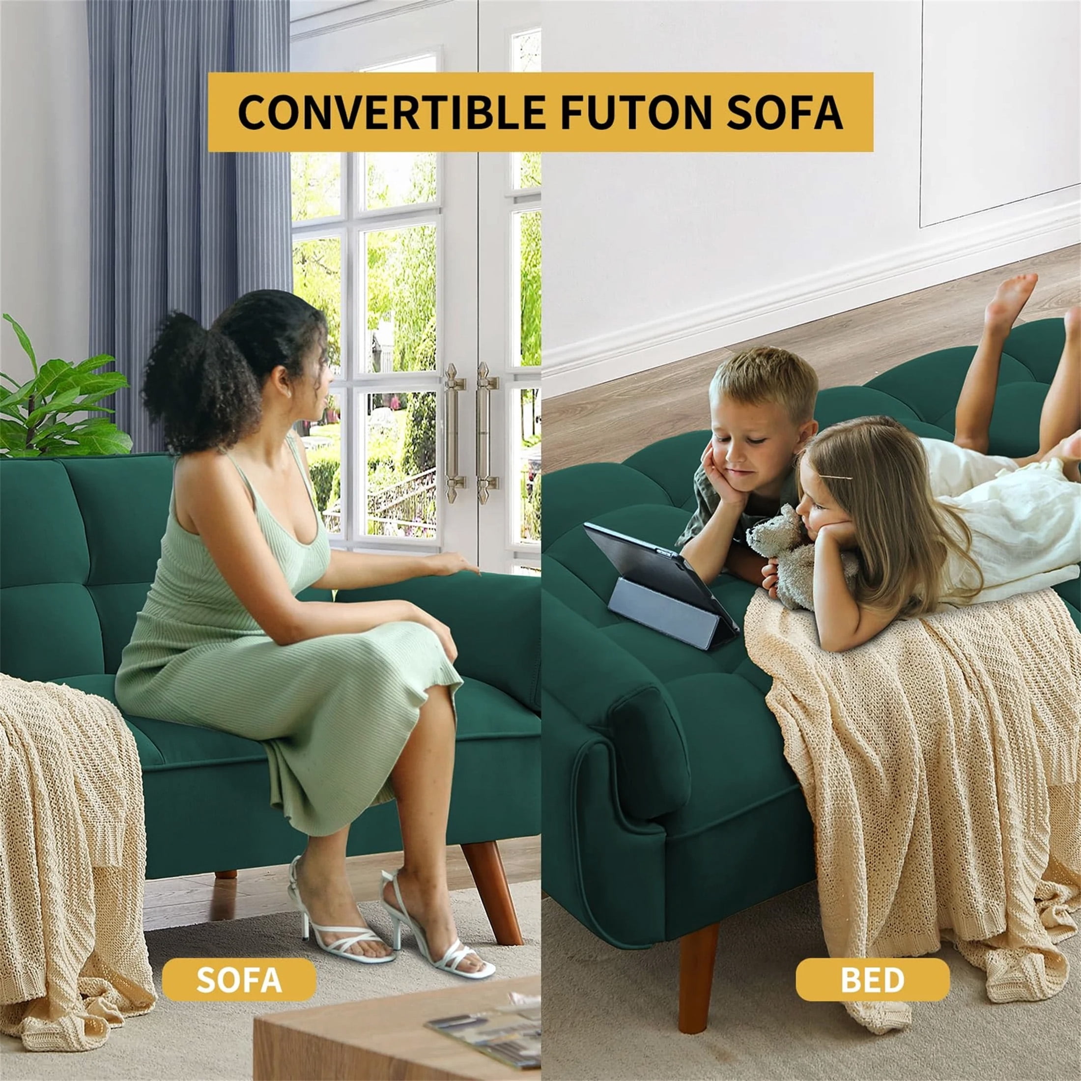 Aukfa Futon Convertible Sofa Bed, Linen Sleeper Couch for Home Office, Green