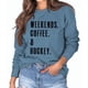 thumbnail image 3 of Sudadera de mujer de manga larga con cuello redondo, informal, con estampado de letras, Jersey holgado, Top para primavera y otoño, azul XL, 3 of 5