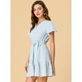 thumbnail image 3 of Unique Bargains Femmes Été Mignon Robe V-Cou Manches Courtes Cravate Taille Étagée Mini Robes Bleu Clair S, 3 of 5