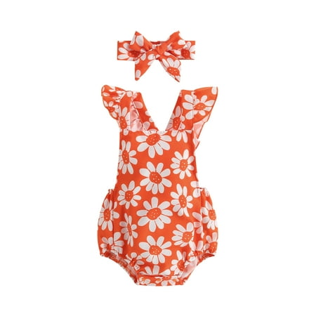 

Binpure Toddler Baby Girl Jumpsuit Set Summer Ruffle Floral Print Flying Sleeve Suspender Rompers and Headband