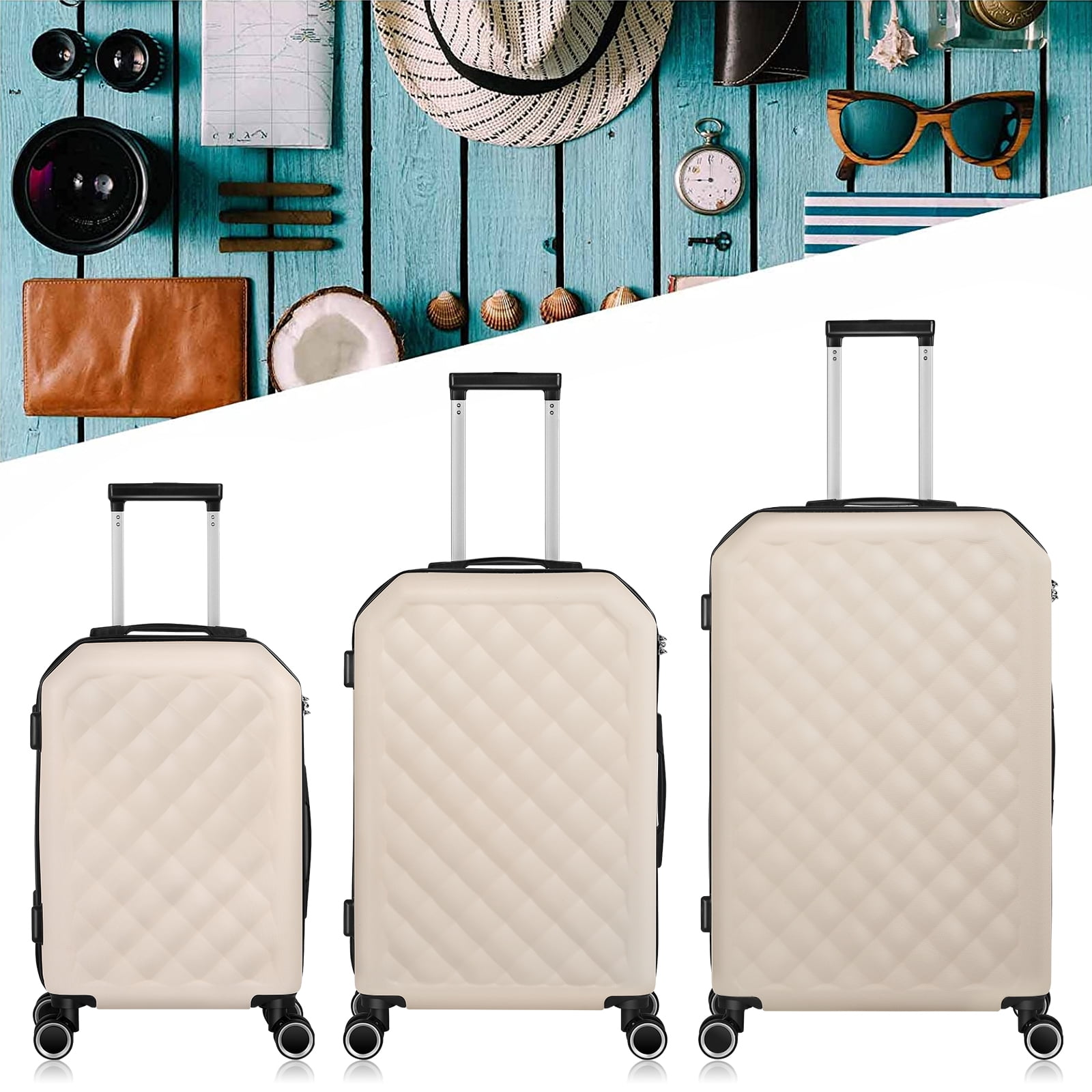 Luggage 3-Pieces Set ABS Durable Suitcase Beige 20"24"28"