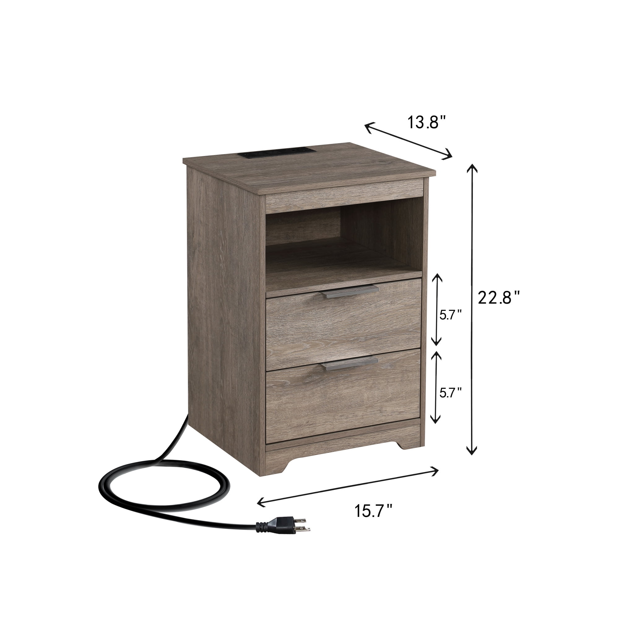 2 Drawer Small Nightstand with Charging Station,Wooden End Table with Drawer and Opening Shelf,Side Table for Bedroom Living Room Dorm Office,Gray