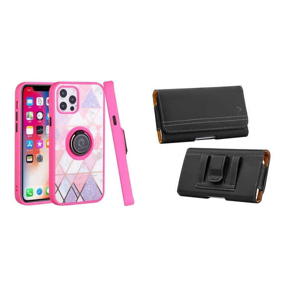 Bemz Ring Series Case for iPhone 14 (TPU Silicone Cover with Magnetic Stand) and PU Leather Magnetic Travel Belt Holster Pouch - Pink on Purple Marble