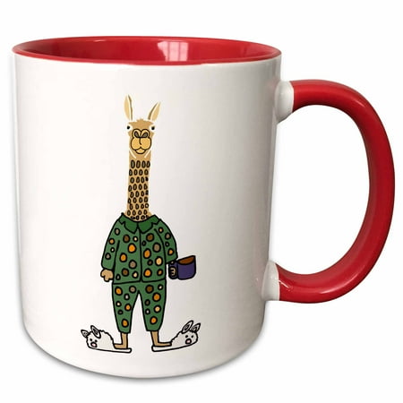

3dRose Cute Funny Llama in Polka Dot Pajamas with Coffee - Two Tone Red Mug 11-ounce