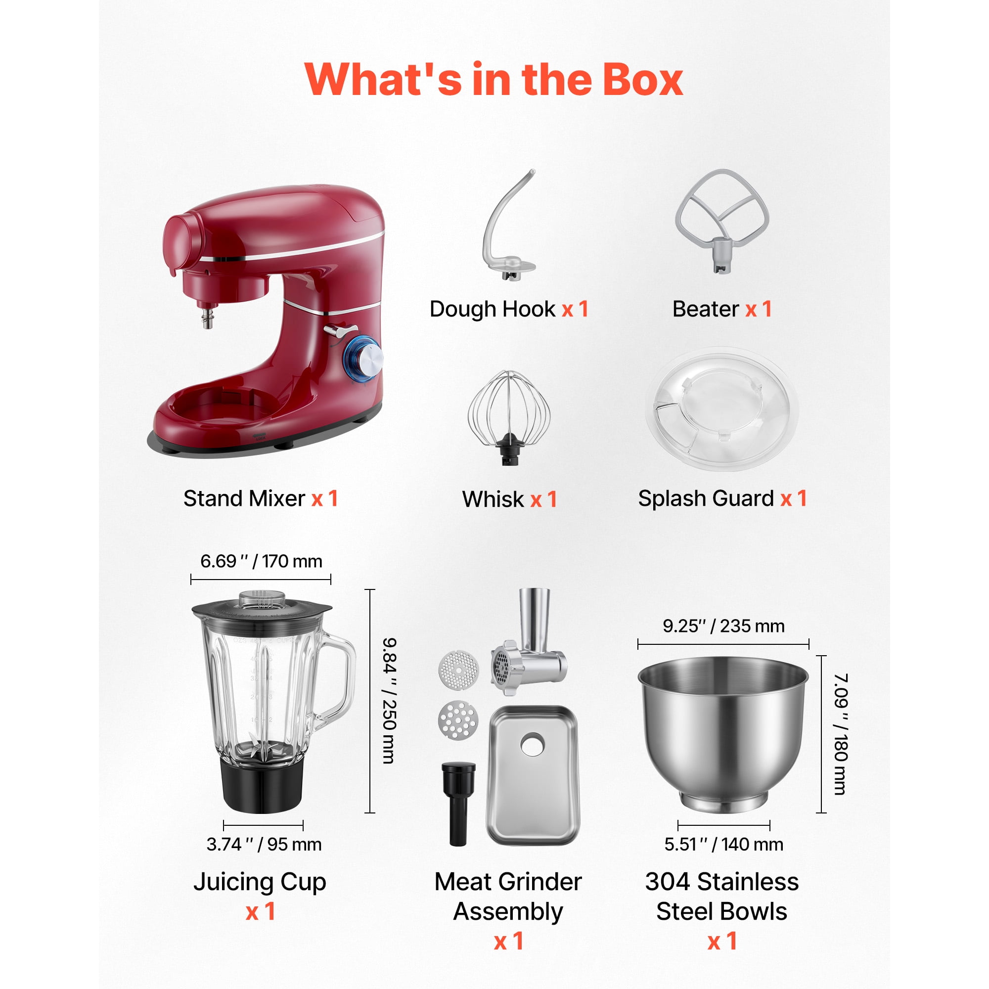 KFFKFF 6 QT Electric Kitchen Mixer with 660W Motor, Tilt-Head Design, 6+P Speeds, Includes Stainless Steel Bowl, Blender Cup, Dough Hook, Whisk, and Beater for Baking and Mixing, Red