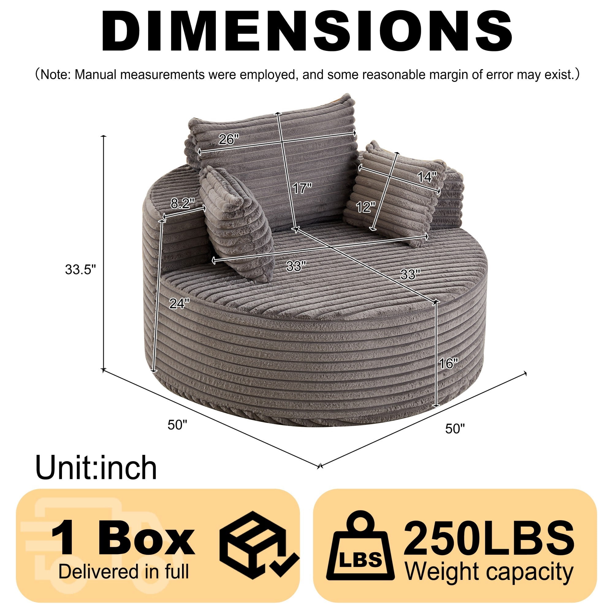 Sailvan 50" Corduroy Single Sofa, No Assembly Modern Sleeper Chair, Fluffy Cloud Lounge Recliner for Living Room and Bedroom, Grey Grey