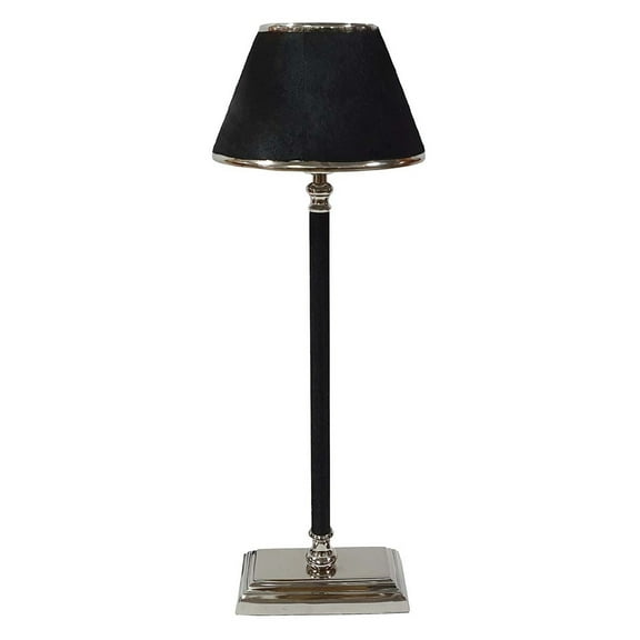 A&B Home Transitional Table Lamp with Leather Accent, Square Step Base and Cone Fabric Shade  - Nickel, Black Finish - Black, Nickel Shade