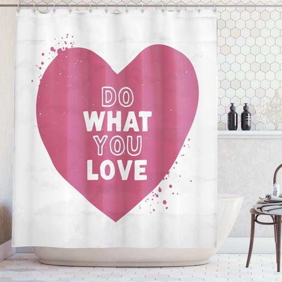 Love What You Do Shower Curtain, Hand Drawn Heart with Old Paper Effect Background Inspirational, Fabric Bathroom Set with Hooks, 69W X 84L Inches Extra Long, Dried Rose and White, by Ambesonne