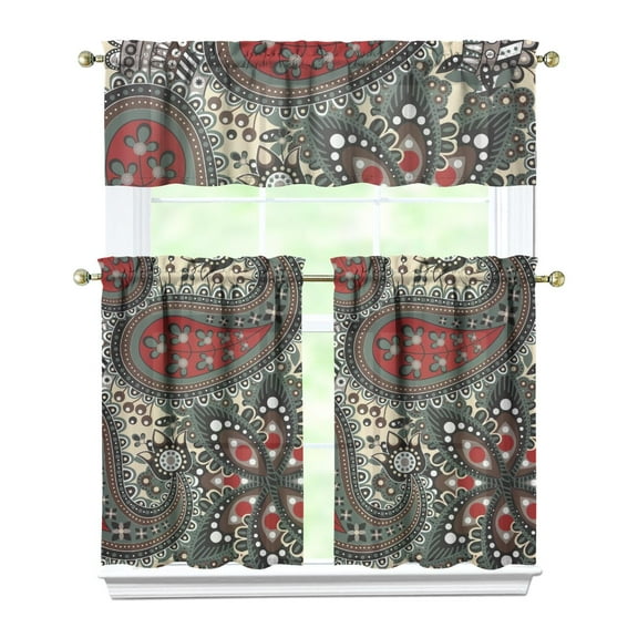 3 PCS Paisley Kitchen Curtains Set with Valance - Vintage Bohemian Ethnic Tier Curtains for Small Windows, Rod Pocket Design, Semi-Sheer Fabric