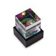 Bey-Berk International R65S Globe Etched Crystal Cube on Black Marble Base, Clear