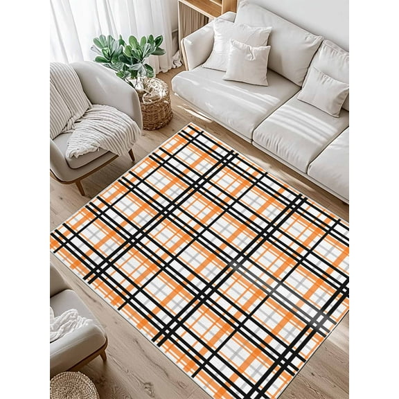 Abstract Stripes Area Rug for Bedroom 5x7 Ft Orange Black Grey Plaid Super Soft fuzzy Throw Rug Non-Slip Fluffy Plush Indoor Floor Carpet for Living Room Nursery Home Decor