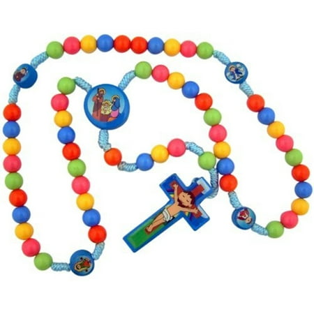 Multi Color Wood Prayer Bead Child Saints Rosary Necklace, 15 Inch