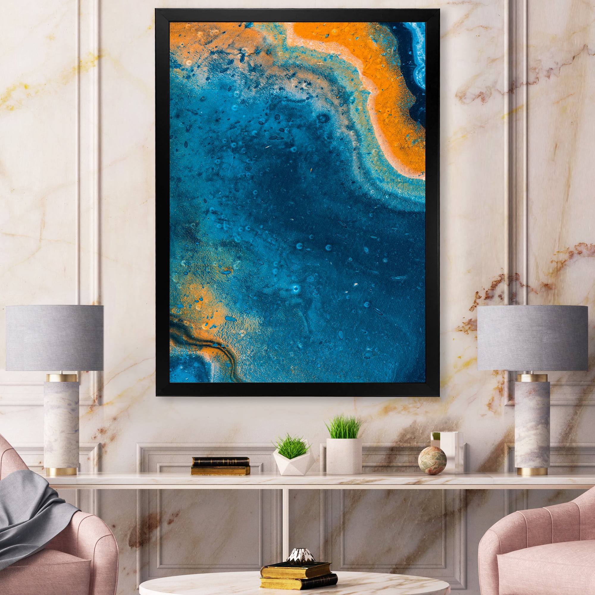 Designart 'Abstract Marble Composition In Orange and Blue V' Modern Framed Art Print