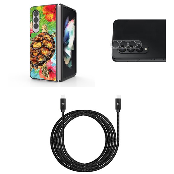 Accessory Bundle for Galaxy Z Fold 4: Slim Snap-On Case (Turtle Flowers), Rear Camera Glass Protector, Nylon Braided USB-C to USB-C Cable (4 Feet)