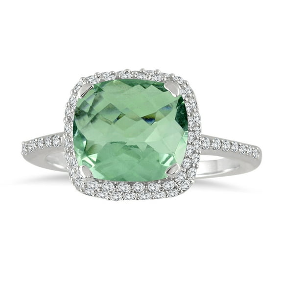SZUL Women's 3 1/2 Carat Cushion Cut Green Amethyst and Diamond Halo Ring in 10K White Gold