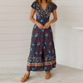 thumbnail image 3 of PENGXIANG Femmes Bohème Imprimé Floral Wrap V Cou Manches Courtes Split Beach Party Maxi Robe S-XL, 3 of 6