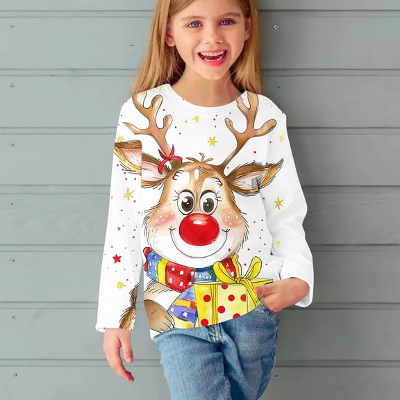Yourumao Girls Long Sleeve Christmas Shirts Kids Unisex Holiday Xmas Base Tees Cute Elk Print Graphic Christmas Tshirts Toddler Boys Girls Christmas Gifts