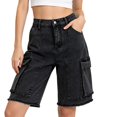 thumbnail image 3 of Women's High Waist Cargo Denim Shorts Distressed Straight Knee Length with Pockets, Loose Fit Summer Jean Pants, 3 of 8