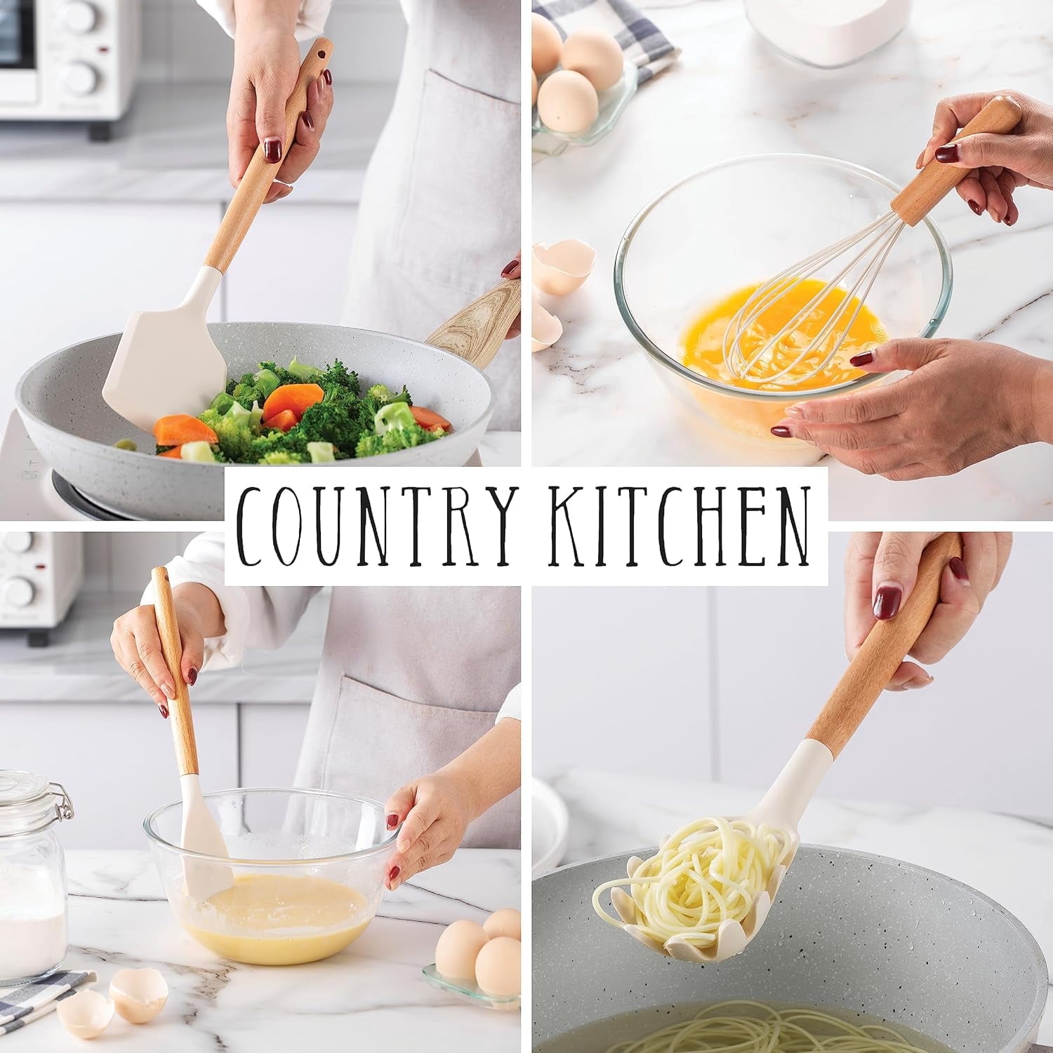 Country Kitchen 38-Pc Cooking Utensils Set Silicone Spatula & Kitchen Gadgets, Khaki